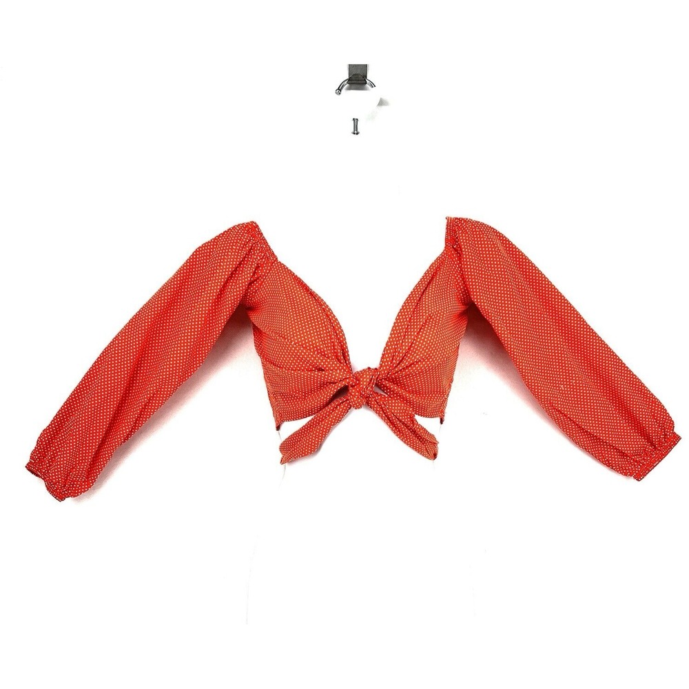 Women's Cropped Bubble Sleeve Tie Front Top Size M Orange Polka Dot Ditzy Cotton